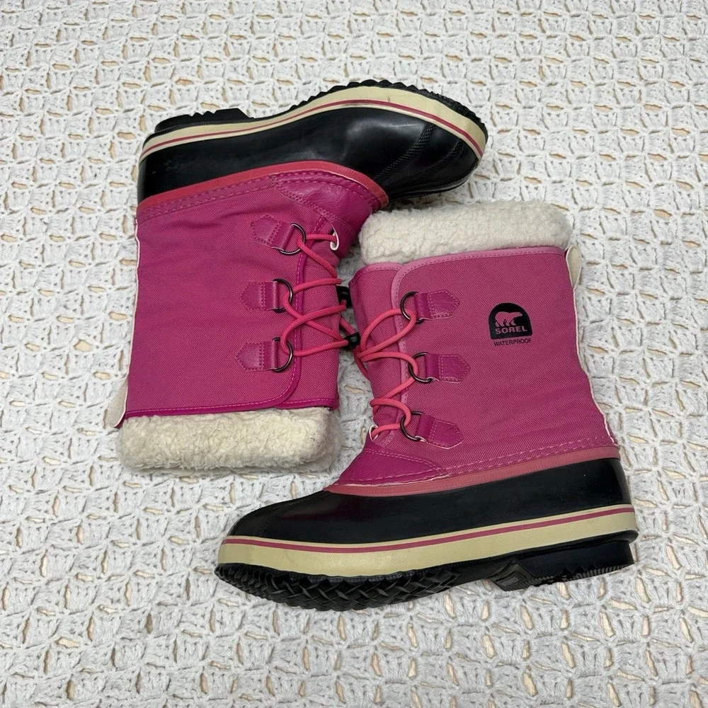 Sorel Waterproof Boots Women Sz 7 Pink Back Yoot PAC Nylon Snow